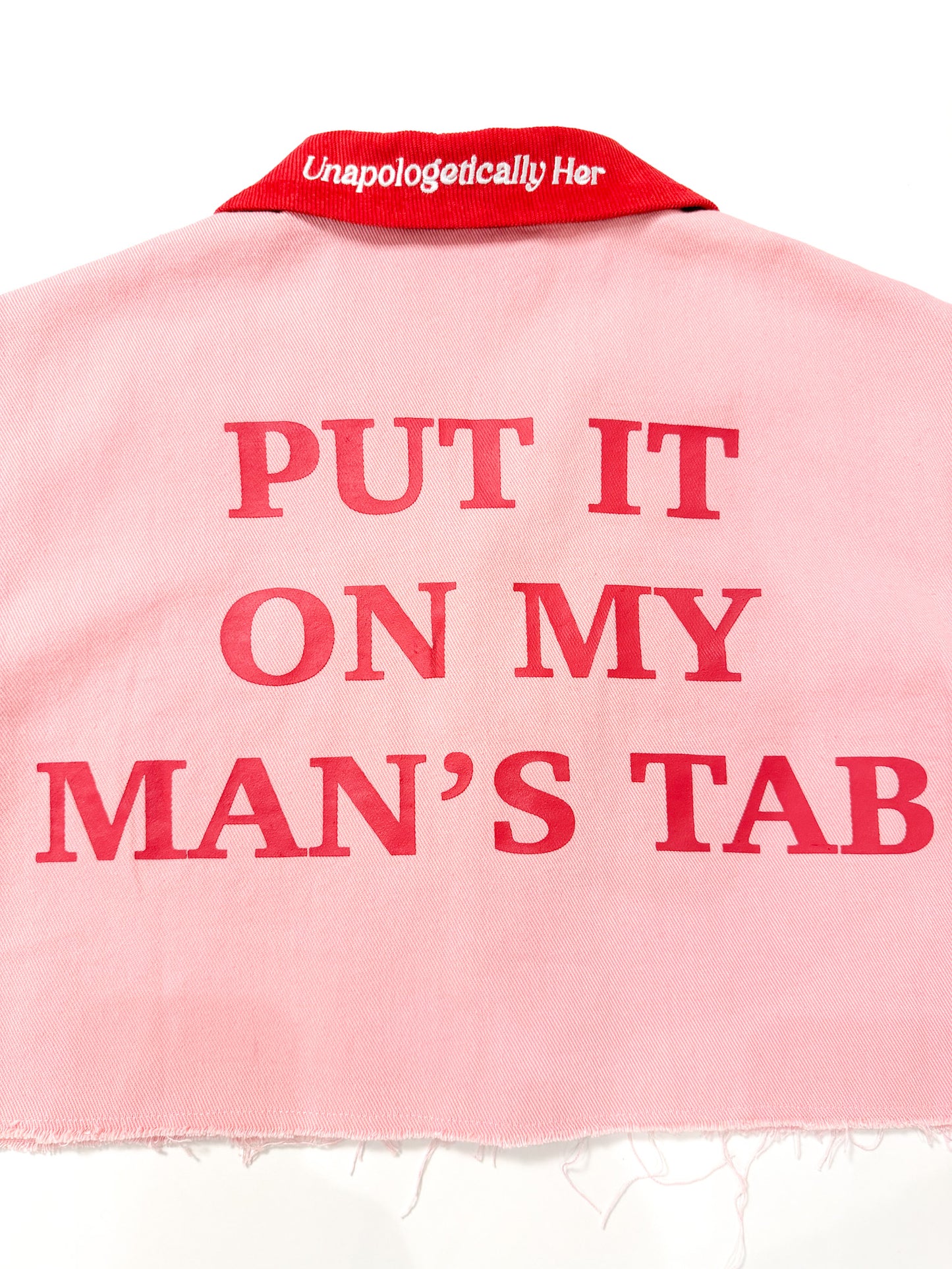 “Put It On My Man’s Tab” Crop Top Button-Down Worker Shirt