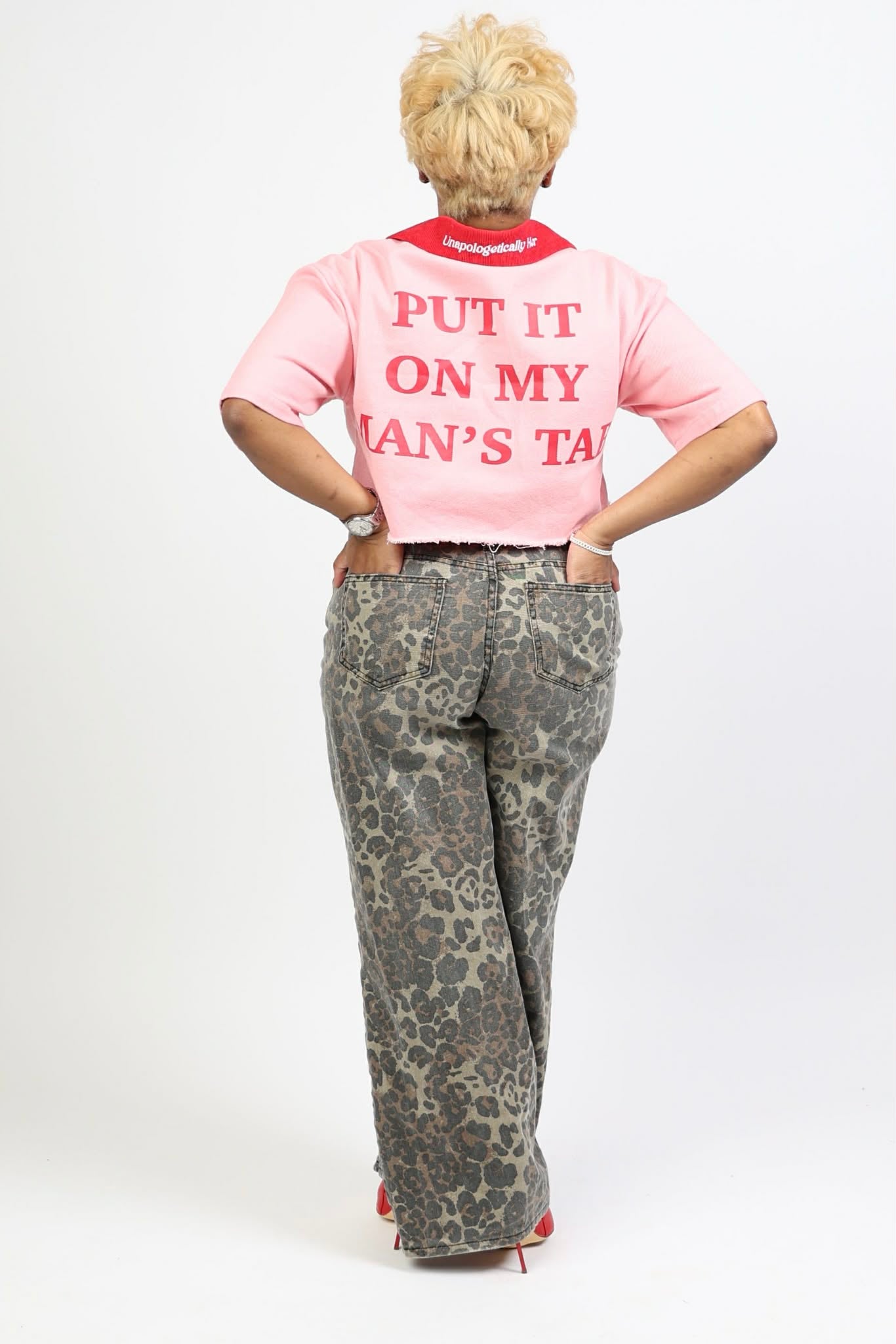 “Put It On My Man’s Tab” Crop Top Button-Down Worker Shirt
